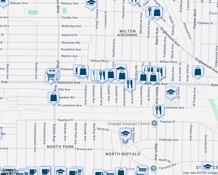 map of restaurants, bars, coffee shops, grocery stores, and more near 870 Kenmore Avenue in Buffalo