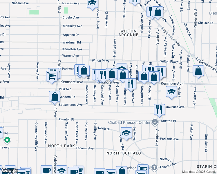 map of restaurants, bars, coffee shops, grocery stores, and more near 870 Kenmore Avenue in Buffalo