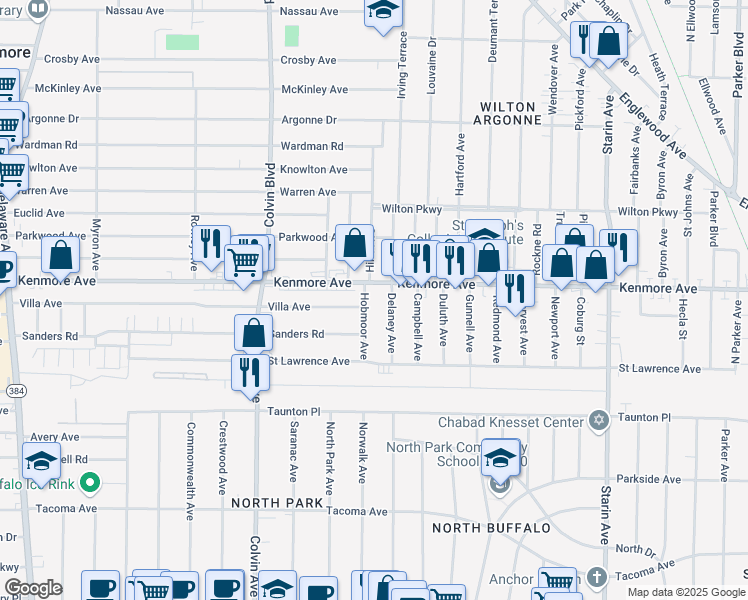 map of restaurants, bars, coffee shops, grocery stores, and more near 964 Kenmore Avenue in Buffalo
