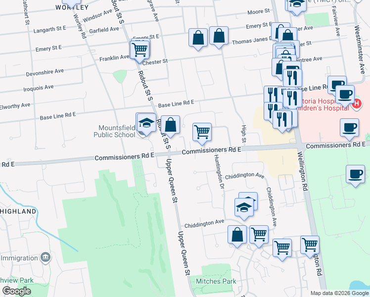 map of restaurants, bars, coffee shops, grocery stores, and more near 448 Commissioners Road East in London