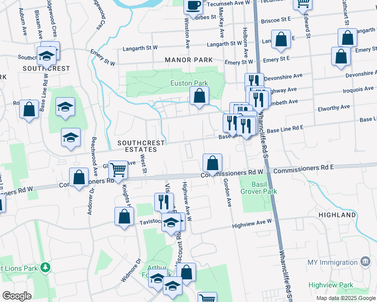map of restaurants, bars, coffee shops, grocery stores, and more near 87 Base Line Road West in London