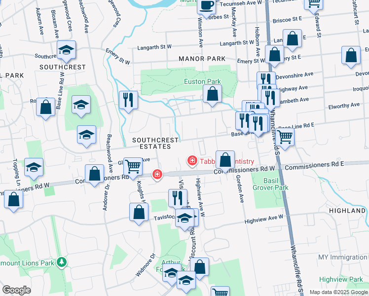 map of restaurants, bars, coffee shops, grocery stores, and more near 107 Base Line Road West in London