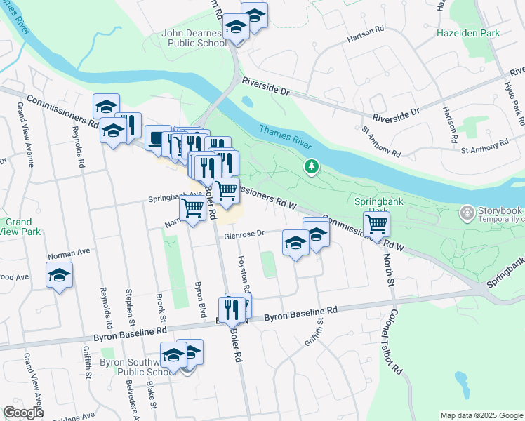 map of restaurants, bars, coffee shops, grocery stores, and more near 1224 Commissioners Road West in London