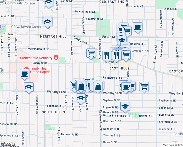 map of restaurants, bars, coffee shops, grocery stores, and more near 236 Henry Avenue Southeast in Grand Rapids