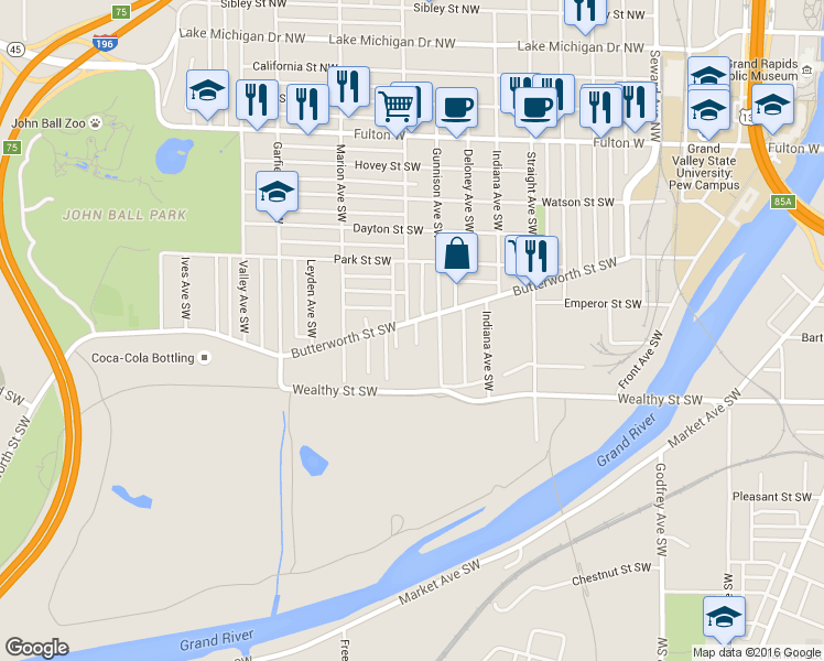 map of restaurants, bars, coffee shops, grocery stores, and more near in Grand Rapids