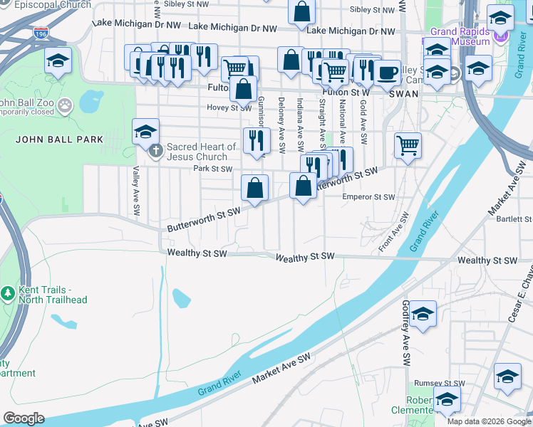 map of restaurants, bars, coffee shops, grocery stores, and more near 312 Gunnison Avenue Southwest in Grand Rapids