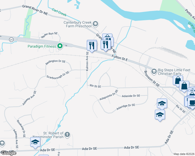 map of restaurants, bars, coffee shops, grocery stores, and more near 345 Creek Run Drive Southeast in Ada