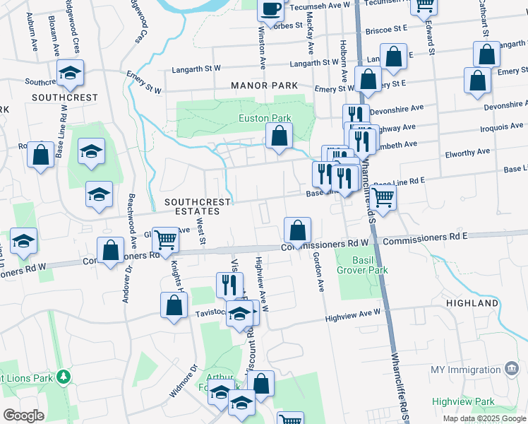 map of restaurants, bars, coffee shops, grocery stores, and more near 95 Base Line Road West in London