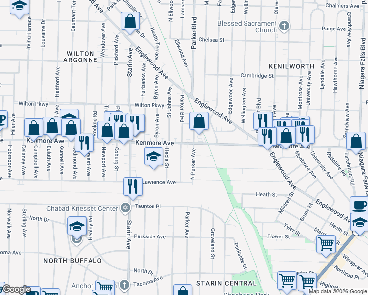 map of restaurants, bars, coffee shops, grocery stores, and more near 567 Kenmore Avenue in Buffalo