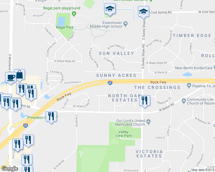 map of restaurants, bars, coffee shops, grocery stores, and more near 4873 South Forest Ridge Drive in New Berlin