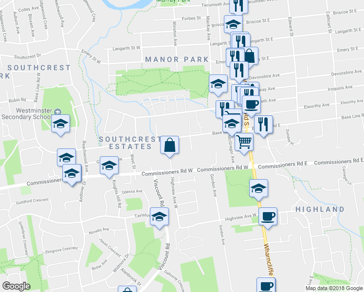 map of restaurants, bars, coffee shops, grocery stores, and more near 87 Base Line Road West in London