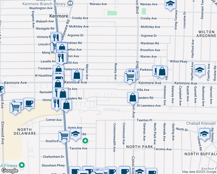map of restaurants, bars, coffee shops, grocery stores, and more near 1200 Kenmore Avenue in Buffalo