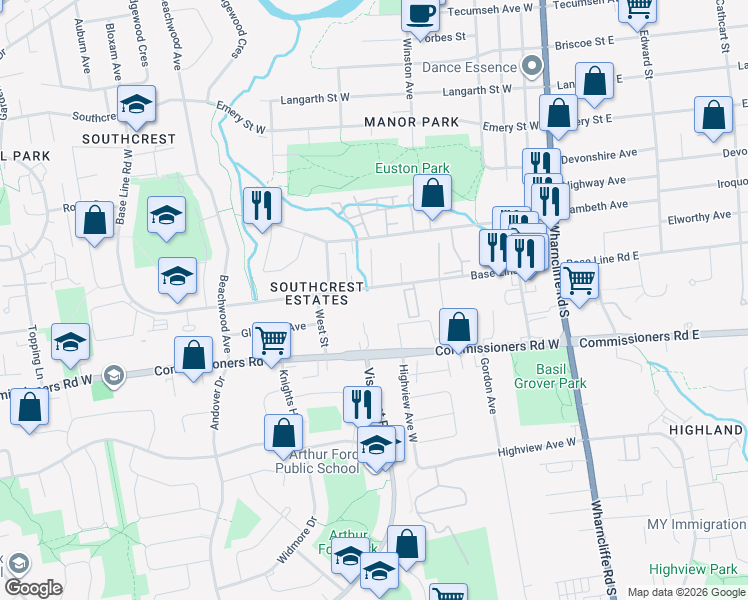 map of restaurants, bars, coffee shops, grocery stores, and more near 111 Base Line Road West in London