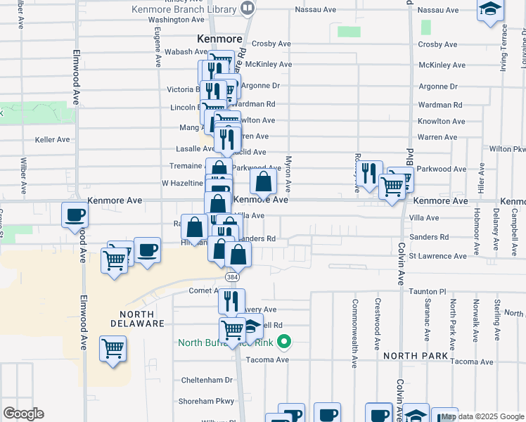 map of restaurants, bars, coffee shops, grocery stores, and more near 54 Villa Avenue in Buffalo