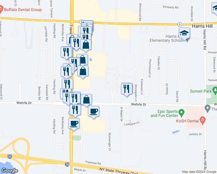 map of restaurants, bars, coffee shops, grocery stores, and more near 4109 Coventry Green Circle in Harris Hill