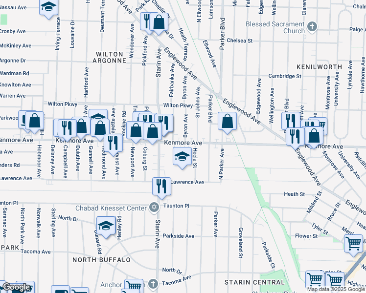 map of restaurants, bars, coffee shops, grocery stores, and more near in Buffalo