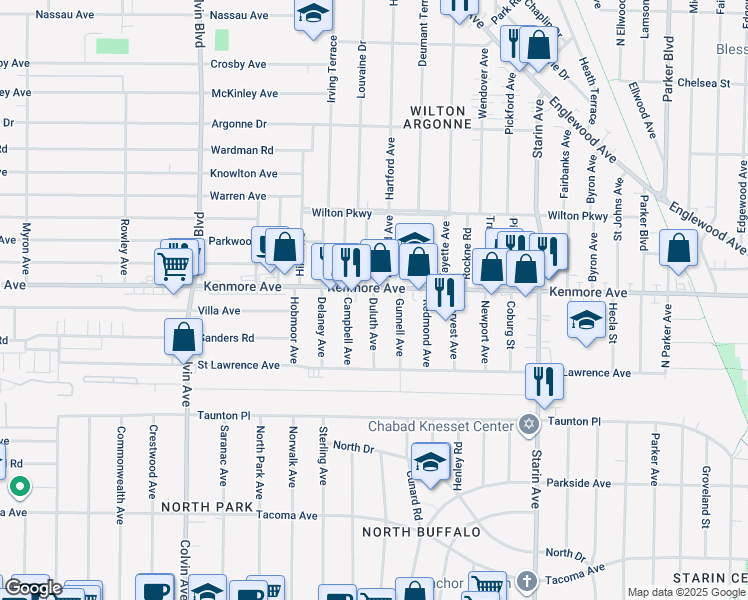 map of restaurants, bars, coffee shops, grocery stores, and more near 870 Kenmore Avenue in Buffalo