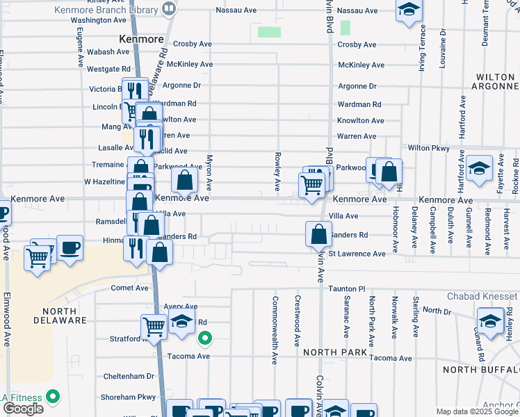 map of restaurants, bars, coffee shops, grocery stores, and more near 1200 Kenmore Avenue in Buffalo