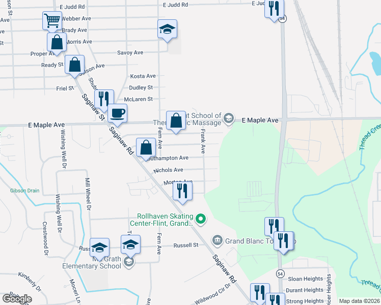 map of restaurants, bars, coffee shops, grocery stores, and more near 2334 Bradford Drive in Flint