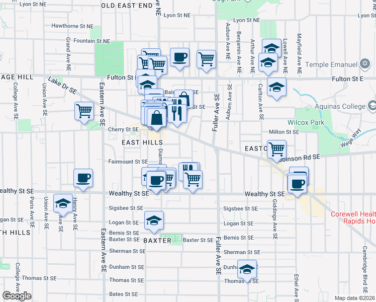 map of restaurants, bars, coffee shops, grocery stores, and more near 226 Carroll Avenue Southeast in Grand Rapids