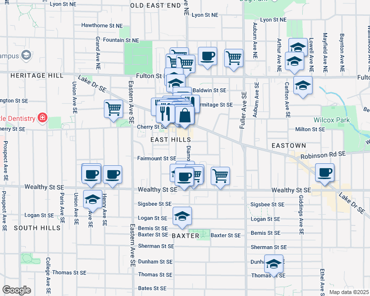 map of restaurants, bars, coffee shops, grocery stores, and more near 232 Warren Avenue Southeast in Grand Rapids