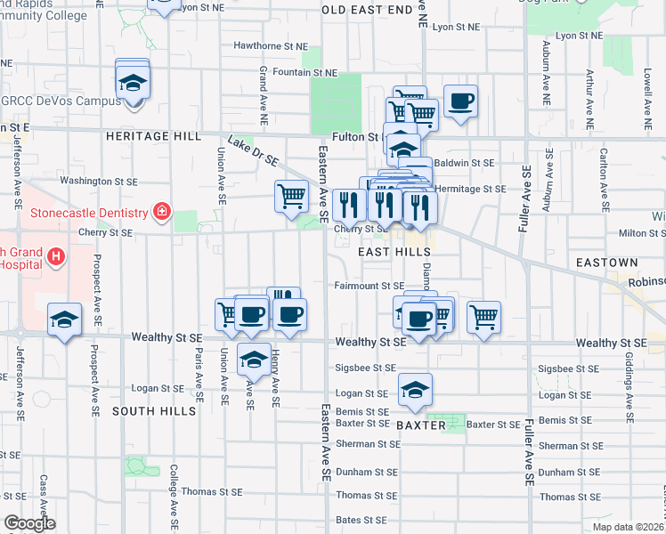 map of restaurants, bars, coffee shops, grocery stores, and more near 220 Wellington Avenue Southeast in Grand Rapids