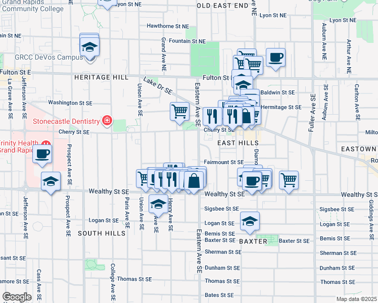 map of restaurants, bars, coffee shops, grocery stores, and more near 234 Charles Avenue Southeast in Grand Rapids