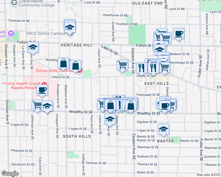 map of restaurants, bars, coffee shops, grocery stores, and more near 230 James Avenue Southeast in Grand Rapids