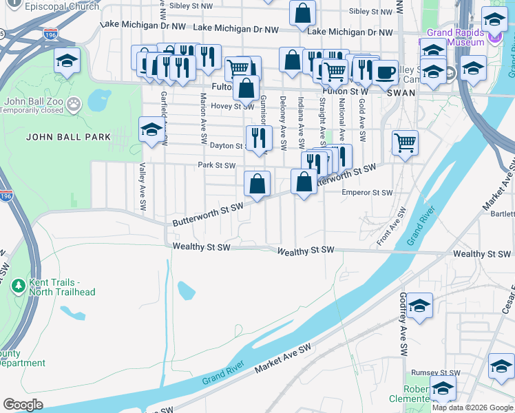 map of restaurants, bars, coffee shops, grocery stores, and more near in Grand Rapids