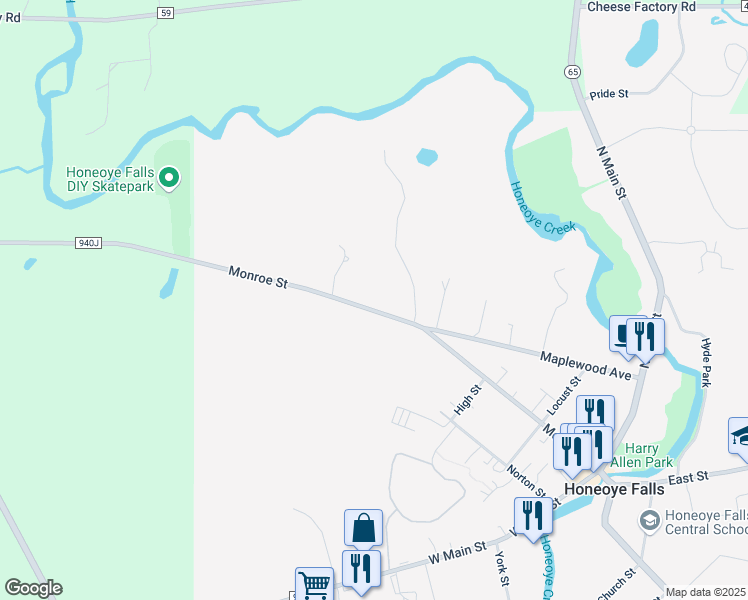 map of restaurants, bars, coffee shops, grocery stores, and more near 129 Monroe Street in Honeoye Falls
