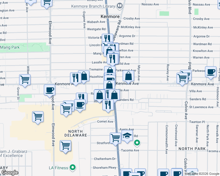 map of restaurants, bars, coffee shops, grocery stores, and more near 2730 Delaware Avenue in Buffalo