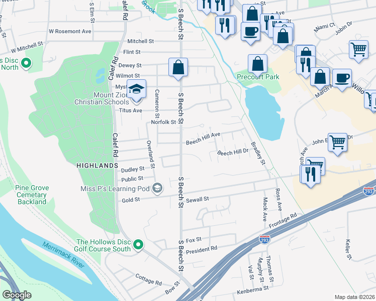 map of restaurants, bars, coffee shops, grocery stores, and more near 825 South Beech Street in Manchester