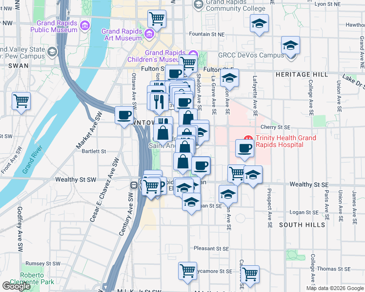 map of restaurants, bars, coffee shops, grocery stores, and more near 235 Division Avenue South in Grand Rapids
