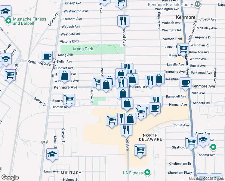 map of restaurants, bars, coffee shops, grocery stores, and more near 1686 Kenmore Avenue in Buffalo