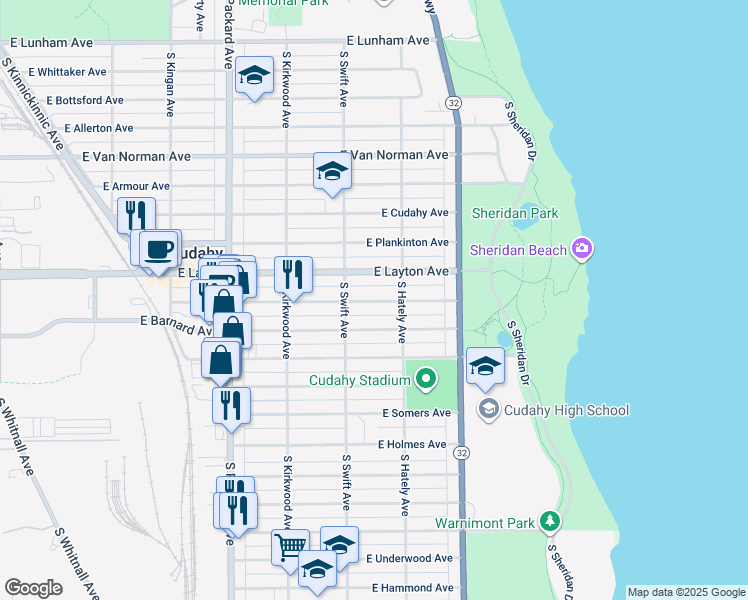 map of restaurants, bars, coffee shops, grocery stores, and more near 3850 East Squire Avenue in Cudahy