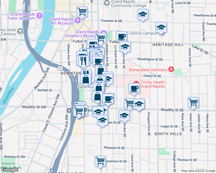 map of restaurants, bars, coffee shops, grocery stores, and more near 319 Sheldon Boulevard Southeast in Grand Rapids