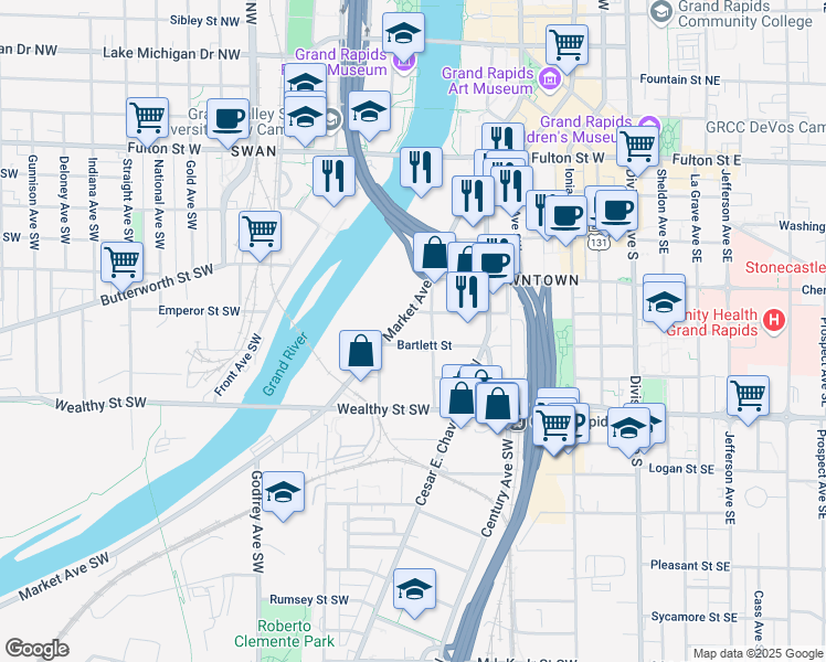 map of restaurants, bars, coffee shops, grocery stores, and more near 233 Market Avenue Southwest in Grand Rapids