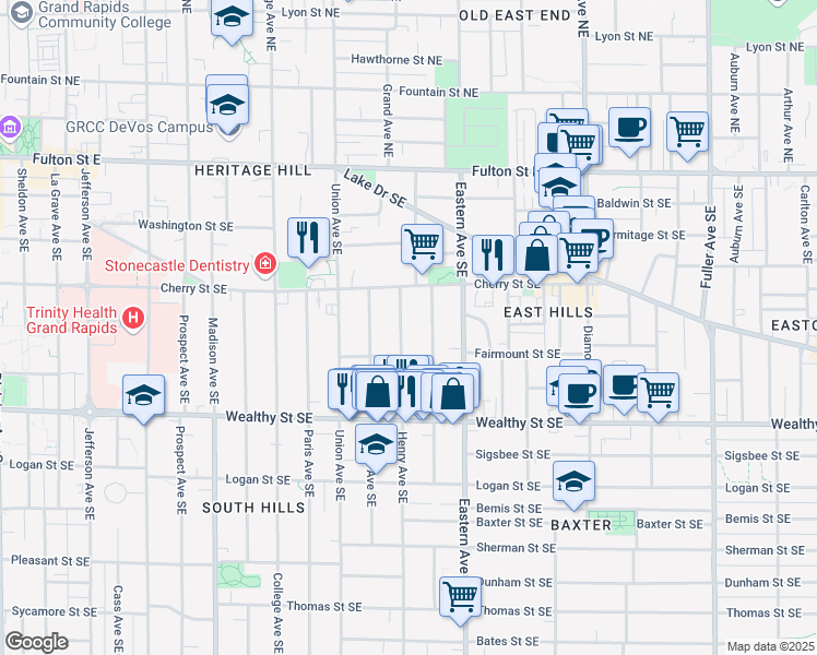 map of restaurants, bars, coffee shops, grocery stores, and more near 240 Henry Avenue Southeast in Grand Rapids