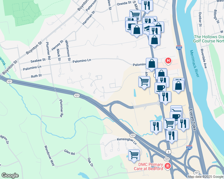 map of restaurants, bars, coffee shops, grocery stores, and more near 37 Ridgewood Road in Bedford