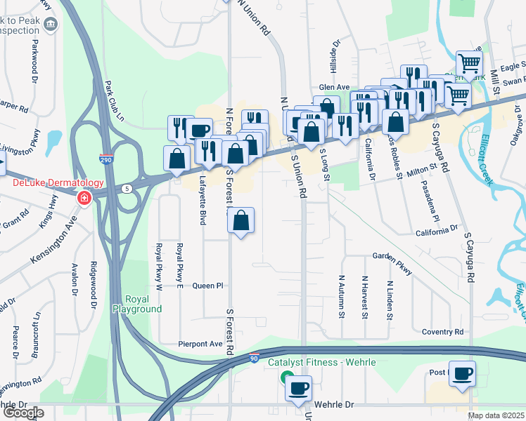 map of restaurants, bars, coffee shops, grocery stores, and more near 75 Linwood Avenue in Williamsville