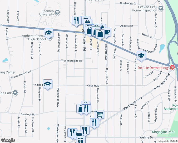 map of restaurants, bars, coffee shops, grocery stores, and more near 23 Coolidge Drive in Buffalo