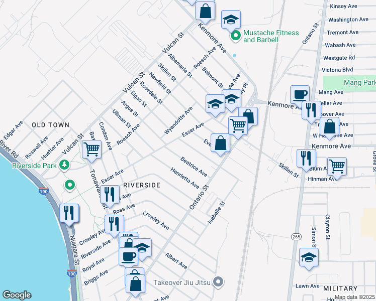 map of restaurants, bars, coffee shops, grocery stores, and more near 15 Philadelphia Street in Buffalo