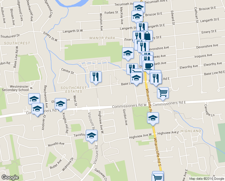 map of restaurants, bars, coffee shops, grocery stores, and more near 73 Base Line Road West in London