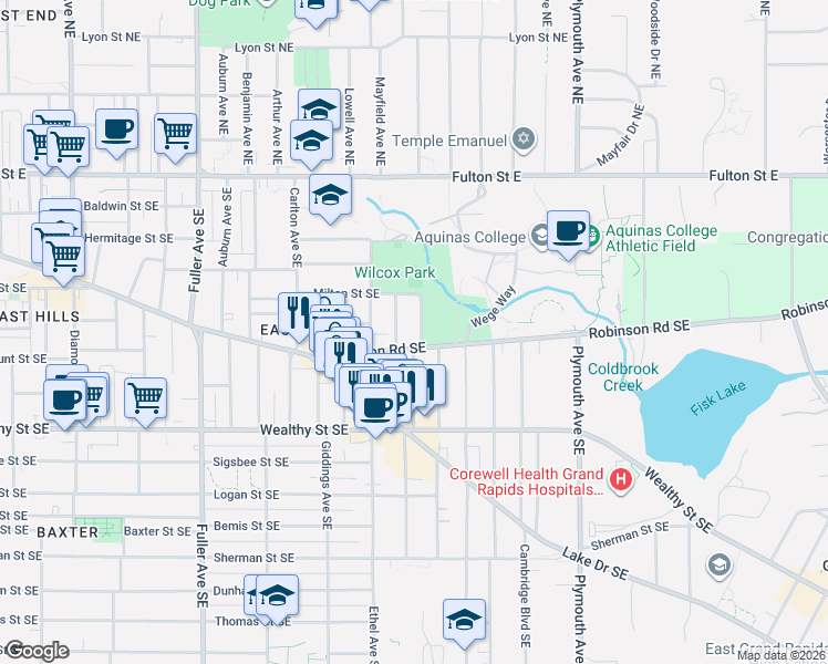 map of restaurants, bars, coffee shops, grocery stores, and more near 228 Hampton Avenue Southeast in Grand Rapids