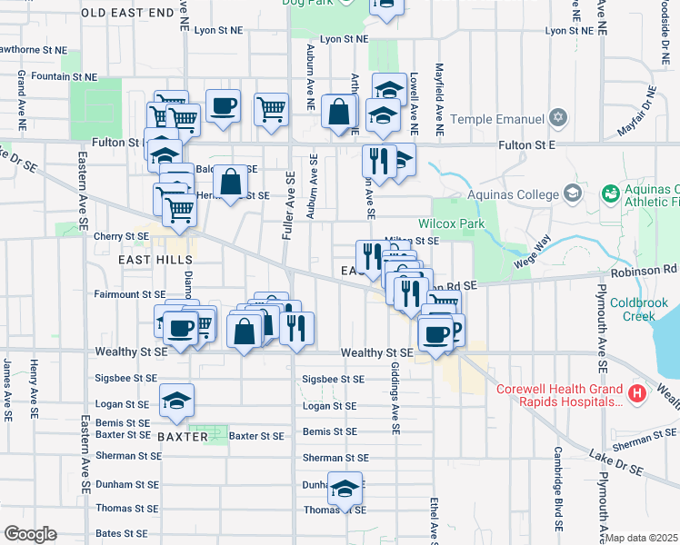 map of restaurants, bars, coffee shops, grocery stores, and more near 1237 Lake Drive Southeast in Grand Rapids