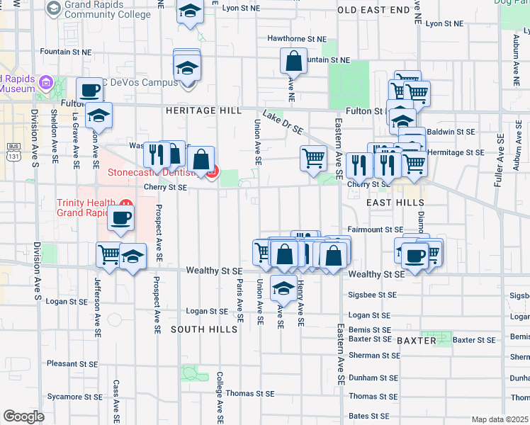 map of restaurants, bars, coffee shops, grocery stores, and more near 229 Union Avenue Southeast in Grand Rapids