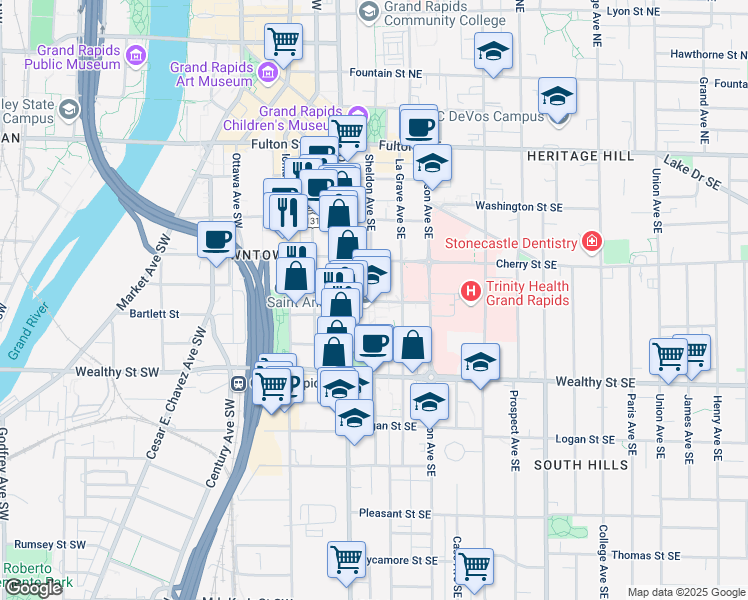 map of restaurants, bars, coffee shops, grocery stores, and more near 265 Sheldon Boulevard Southeast in Grand Rapids