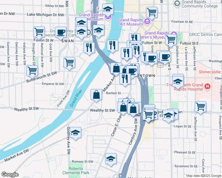 map of restaurants, bars, coffee shops, grocery stores, and more near 233 Market Avenue Southwest in Grand Rapids