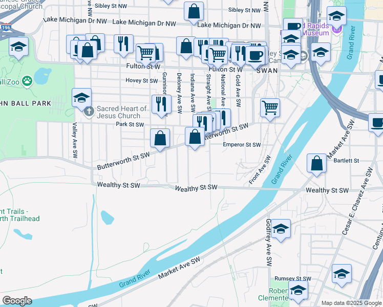 map of restaurants, bars, coffee shops, grocery stores, and more near 314 Indiana Avenue Southwest in Grand Rapids