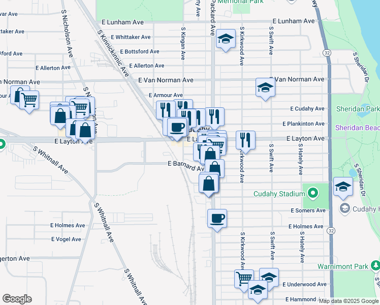 map of restaurants, bars, coffee shops, grocery stores, and more near 4718 South Kingan Avenue in Cudahy